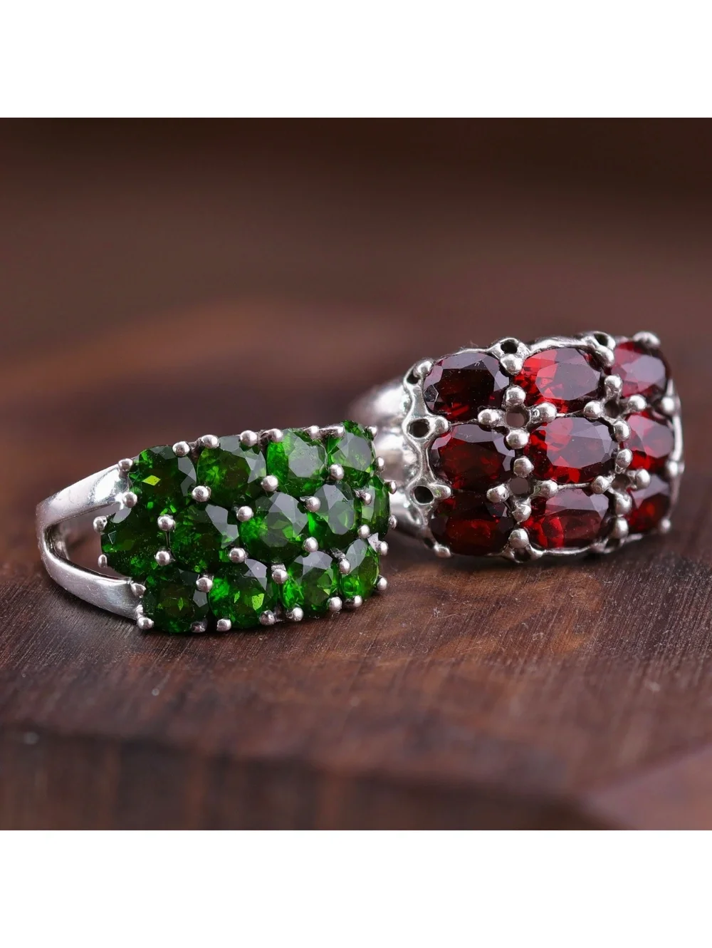 Two Sterling Cluster Statement Rings Deep Red Garnet & Forest Green Diopside 7